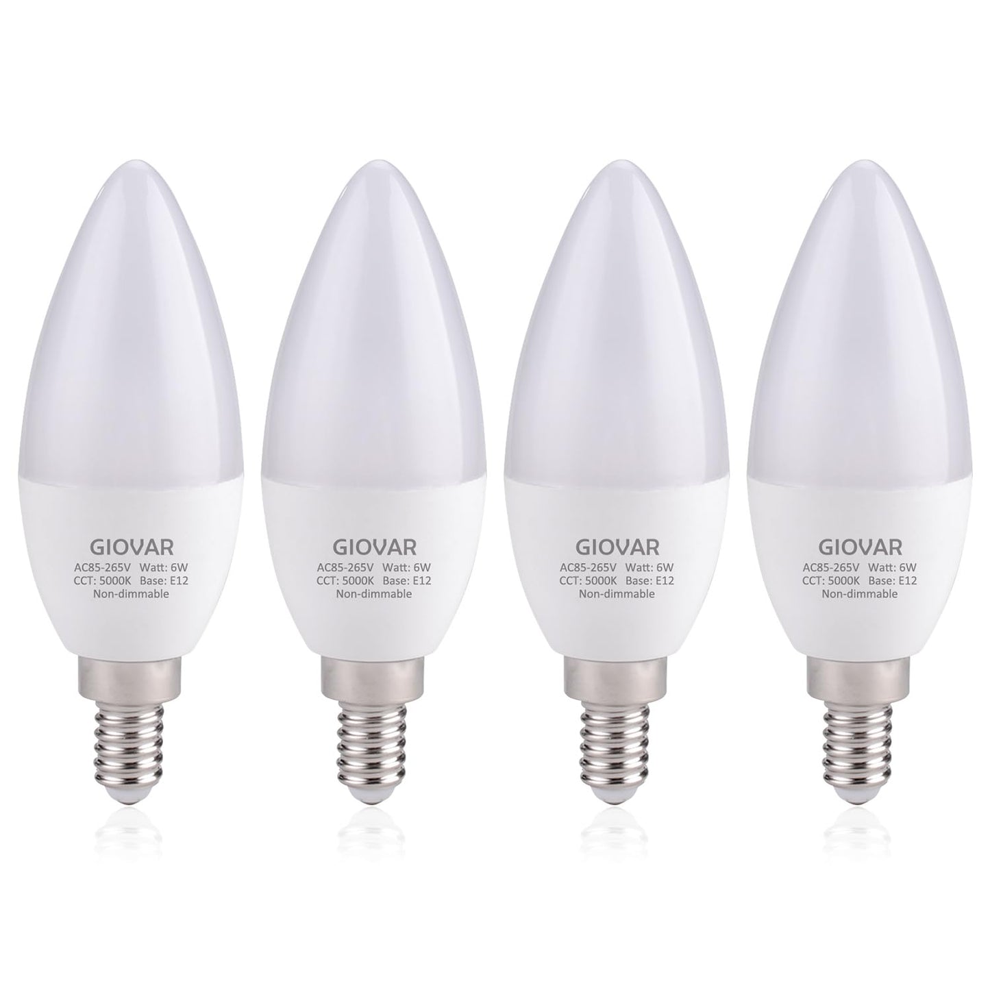GIOVAR 4Pack LED Celing Fan Light Bulbs 60 Watt, Daylight 5000K, E12 Candelabra Bulb Base Socket, 120V, Type B, Non-Dimmable
