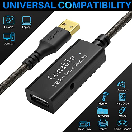 Active USB Extension Cable 100 Feet, USB 2.0 A Male to Female Repeater Cord, with 2 Extension Chipsets Signal Booster, 22A...