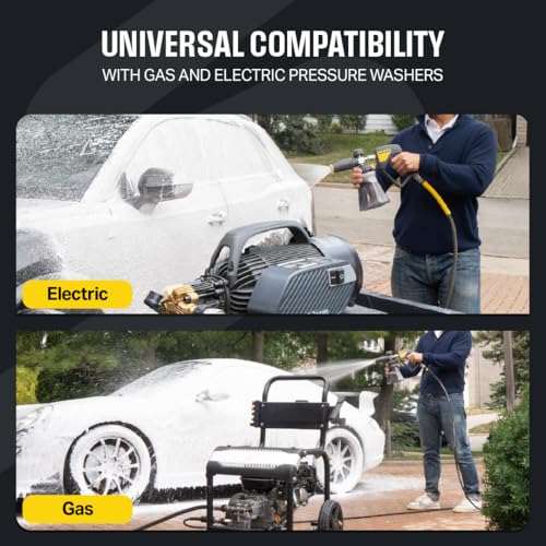 Active Foam Cannon with ¼ inch quick connector for Electric and Gas Pressure Washers. Wide-mouth bottle and variable spray...