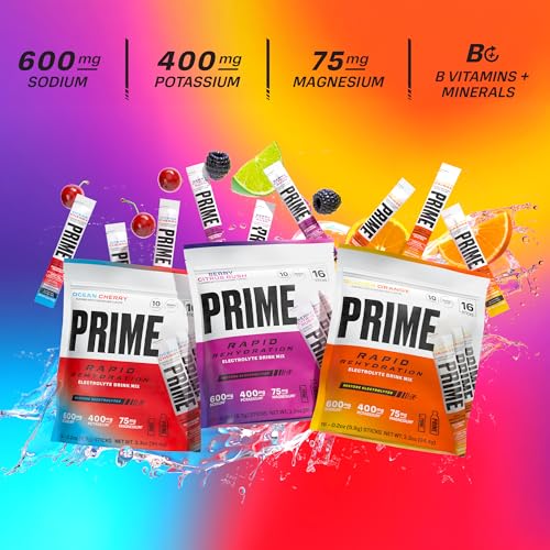 Prime Rapid Rehydration Electrolyte Powder Sticks, Ocean Cherry, Sugar Free Hydration Drink Mix with Sodium, Potassium, Ma...