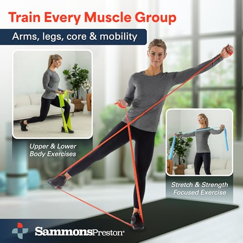 Sammons Preston 5pk Resistance Bands for Working Out, Color‑Coded Non‑Latex Exercise Bands, 5 ft Stretch Bands for Physica...