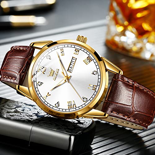 OLEVS Amazon Watches,Brown Leather Watch for Men,Men Day Date Watch,Men's Luminous Watch,Dress Watch for Men,Rose Gold Wat...