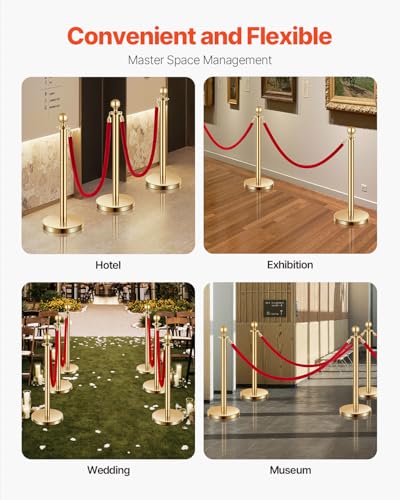 VEVOR Stanchions and Velvet Ropes 6Pcs, Hollow Base with Stainless Steel Post, 4 Red Velvet Ropes and Posts, Crowd Control...