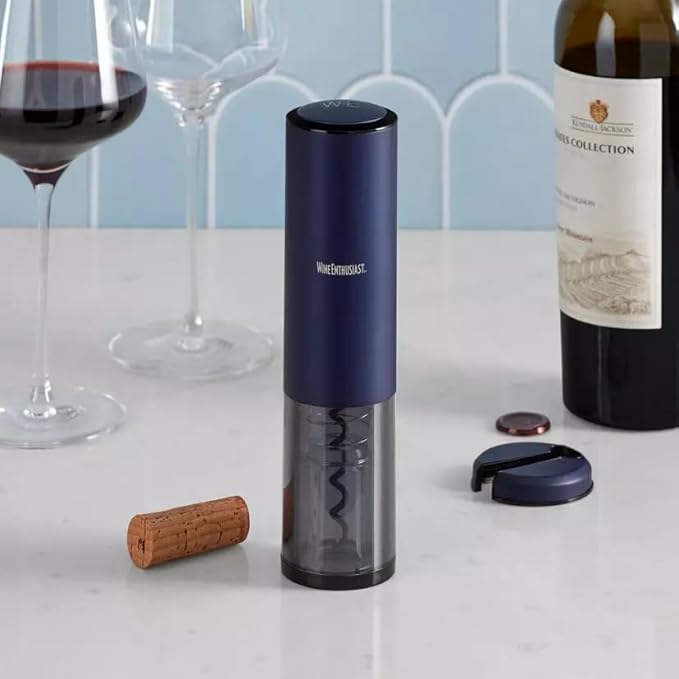 Wine Enthusiast Electric Blue Automatic Wine Opener with Foil Cutter – Battery-Operated Corkscrew with USB Charger & Indicator Light