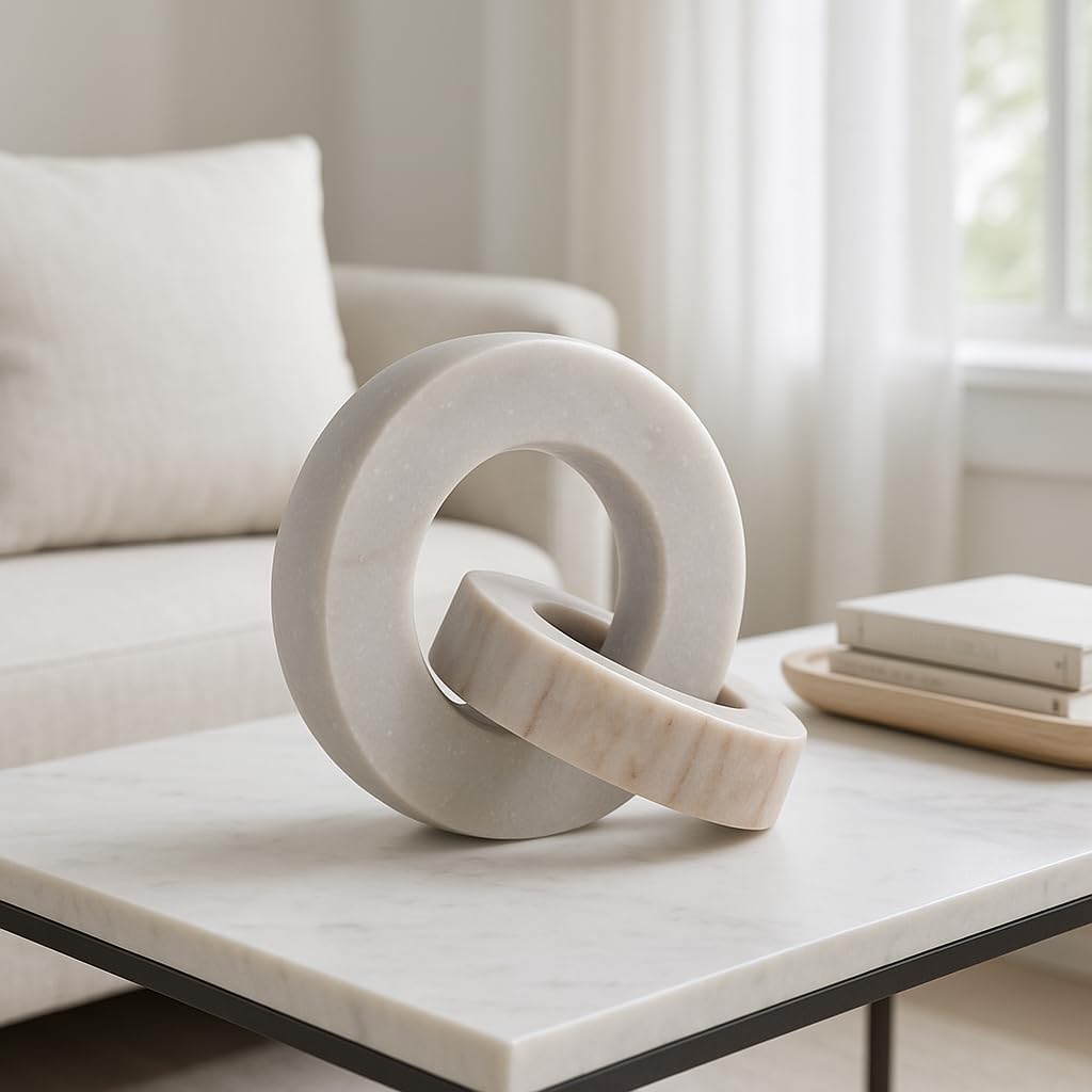 Home Decor and Bathroom Decor Marble Double Ring – Modern Shelf Sculpture and Office Accents for Room Styling – Coffee Table Ornaments and Living Room Decor Statues Design – 6", White & Beige