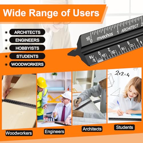 Architectural Scale Ruler, Imperial Measurements 12'', Laser-Etched Aluminum Architect Triangular Ruler Black for Architec...