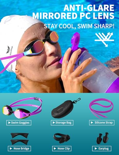 AzureWings Swim Goggles for Men Women – No Leak Anti-Fog UV HD Wide Vision, Racing & Swimming Goggles Black-Electroplate