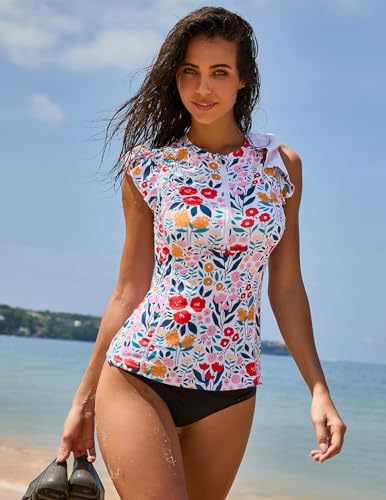 Soneven Women's Swim Shirt UPF 50+ Ruffle Sleeve Rash Guard UV Sun Protection Swimsuit Top Bathing Suit No Bottom