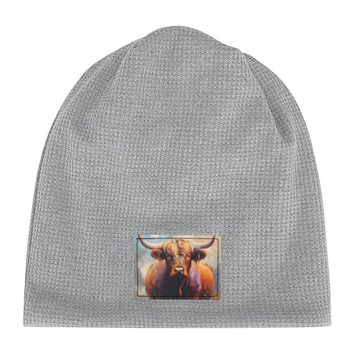 YANYU Highland Cow Print Lightweight Waffle Pullover Hat Men Women Winter Headwear Outdoor Camping Travel