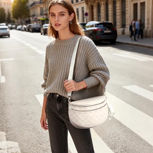 Duyijiff Checkered Crossbody Bum Bag Corduroy Bumbags for Women Large Cross Body Bum Purse Fanny Pack for Daily Use (White)