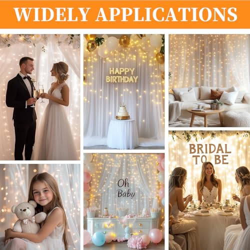 Patioman 10x8ft White Tulle Backdrop Curtain with Lights, Wrinkle-Free Sheer Wedding Backdrop for Birthday Parties, Baby S...