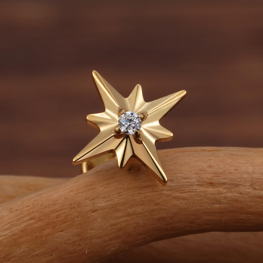FINE4U Gold Flat Back Earrings Stud Titanium 16G 6mm 8mm - ASTM F136 Titanium North Star Cartilage Earring for Conch, Helix, Fla