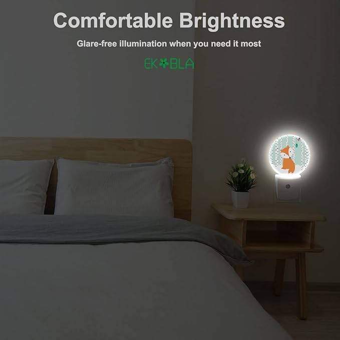 EKOBLA Winter Night Light Cute Fox and Bird Snow Birch Trees Wonderland Night Lights Plug into Wall Auto on Off LED Lamp for Girls Boys Room, 0.5W Nightlight Sleep Friendly