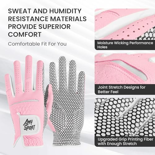 Amy Sport All Weather Grip Golf Gloves Women Value 2 Pack for Left Right Handed Golfer, Upgraded Anti Slip & Comfortable G...