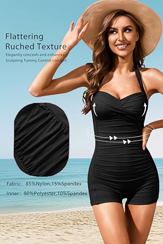 Tempt Me Women Tummy Control One Piece Swimsuits with Shorts Boyleg Retro Bathing Suit Halter Swimwear