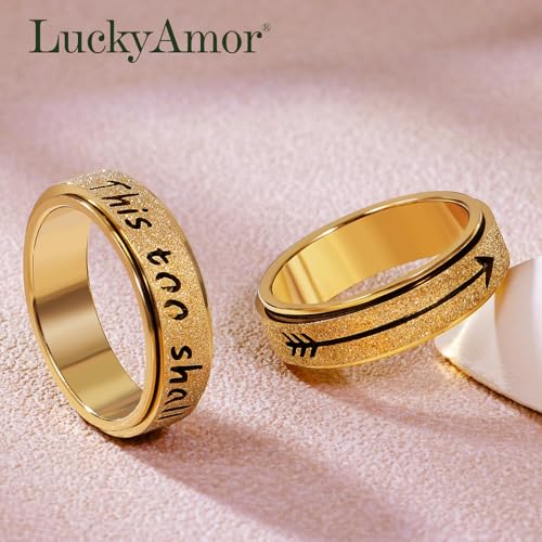 LuckyAmor Fidget Spinner Ring for Women - THIS TOO SHALL PASS Stainless Steel 18K Gold Plated Anxiety Rotating Inspiration...