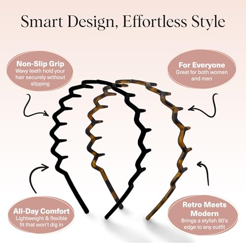 Kitsch Zig Zag Headbands for Women Non Slip – Fashion Accessories for Slicked Back Styles - Comfortable Comb Headband with...