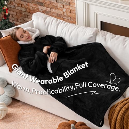 Sioloc Wearable Blanket Hoodie for Women/Kids/Men, Oversized & Cozy Sherpa Lined Hoodie Sweatshirt Blanket(Black,Oversized)
