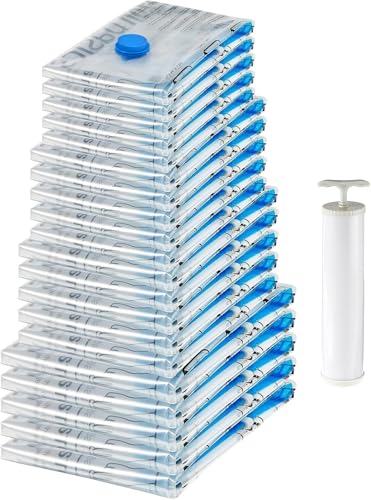 Amazon Basics Vacuum Compression Space Saving Storage Bags with Hand Pump for Travel, Multiple Sizes for Clothes and Blank...