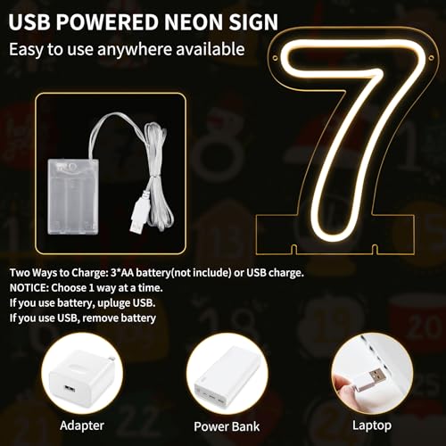 Number 7 LED Neon Sign Backdrop Birthday Party Decoration, 11.3" Height Warm White Marquee Numbers Seven Light Up Sign for...