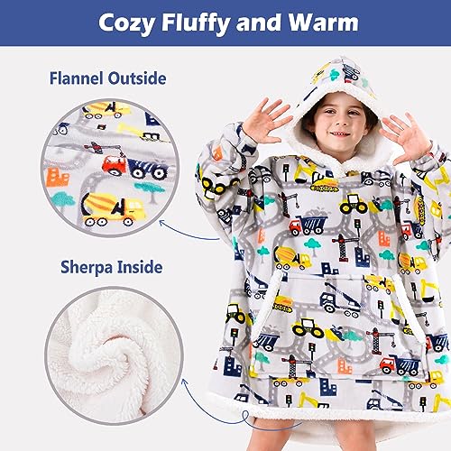 Blanket Hoodie, Sherpa Fleece Wearable Blanket for Kids, Plush Flannel Hooded Blanket, Sweatshirt Gift with Giant Pocket