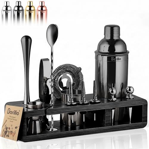 Barillio Black Bartender Kit - Stainless-Steel Cocktail Shaker Set w/Black Bamboo Stand - Mixology Bar Tools w/Drink Shake...
