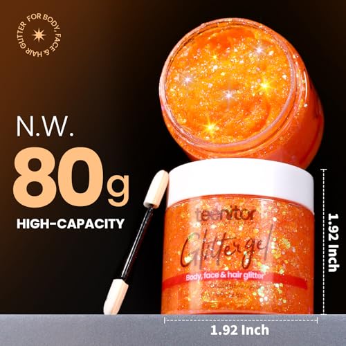 Teenitor Body Glitter Gel, Face Glitter, Orange Glitter for Body Makeup, 80g/2.8oz Face and Body, Hair Glitter Gel, Rave G...