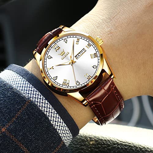 OLEVS Amazon Watches,Brown Leather Watch for Men,Men Day Date Watch,Men's Luminous Watch,Dress Watch for Men,Rose Gold Wat...