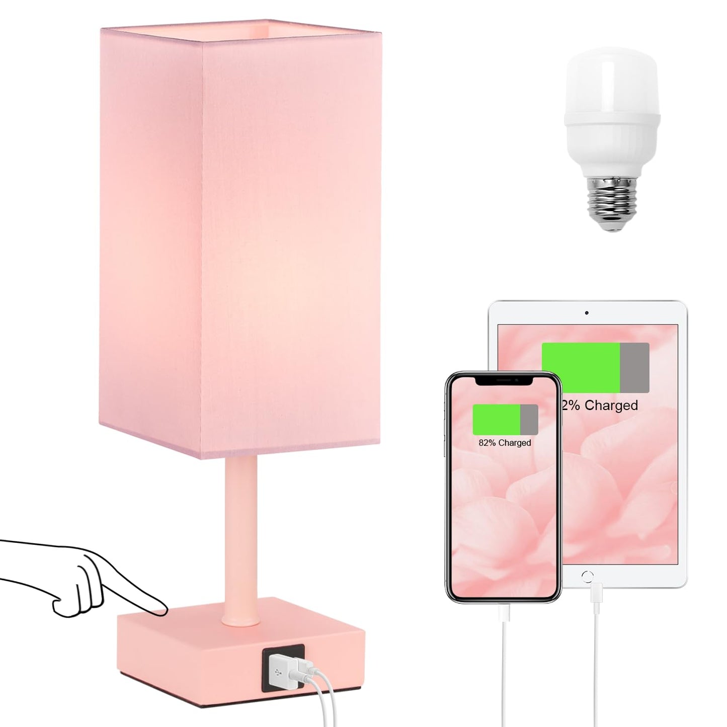 Ambimall Touch Control Table Lamp with USB Ports, 13 inches, Fabric, Pink Shade & Base, Model RPT-fang1-9