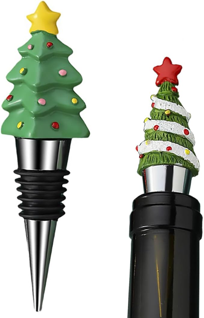 2 Pack Christmas Tree Wine Bottle Stoppers Reusable Bottle Stoppers Cute Wine and Beverage Corker Bottle Sealers for Xmas Holiday Party Decoration, Resin Decorative Wine Stoppers Wine Gift for Hostess