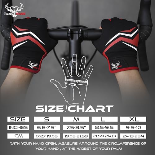 BEAST RAGE Full Finger Cycling Gloves with Padding for Men Women, Anti-Slip, Shock Absorbing, Breathable, Touchscreen Moun...