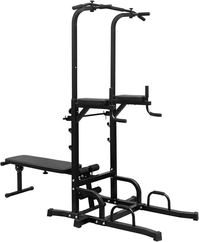 SculPong Pull Up Bar Station Adjustable Power Tower for Home Gym Strength Training Dip Stands with Bench
