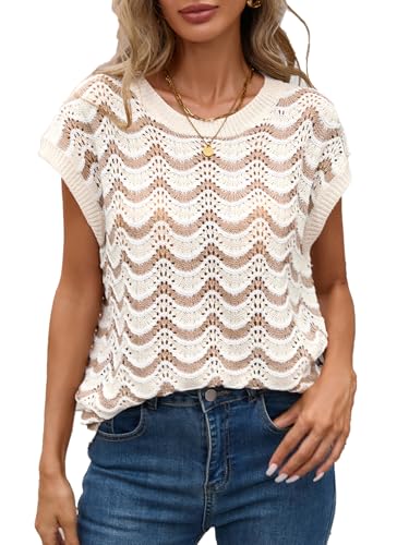 BreathSunny Womens Crochet Knit Swimsuit Coverup Beach Vest Summer 2025 Crewneck Cap Sleeve Striped Bathing Suit Cover Up Top