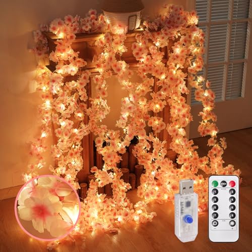 Lfasww Artificial Cherry Blossom Lights，190 LED 5.5ft x 6.2ft Warm White Curtain String Lights with Remote and Timer, 8 Mo...