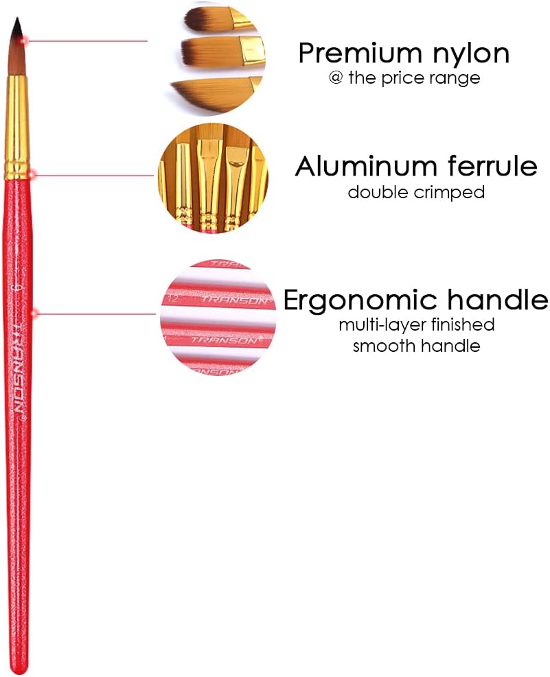 Transon Artist Paint Brush Set of 12 for Acrylic Watercolor Gouache Oil Craft Painting Red