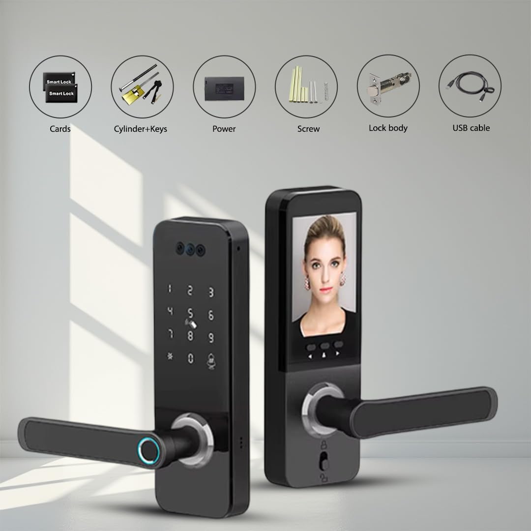 Smart Door Lock with Face Recognition – 6 Unlock Ways (Fingerprint, Face ID, Password, Card, Key, Tuya APP) | Keyless Entry & WiFi APP Control | Easy DIY Install | Weatherproof Design | Doorbell