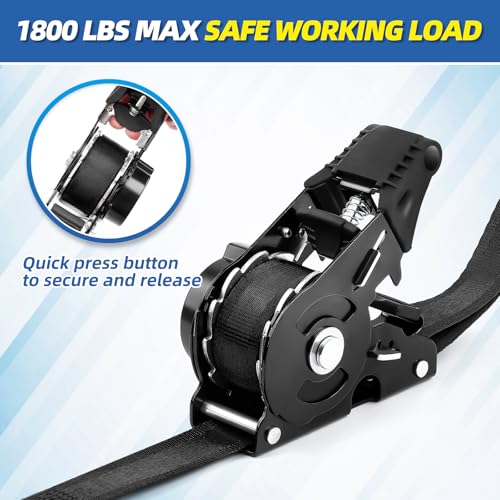 Retractable Ratchet Strap Heavy Duty 2 Pack 10 FT 1800 LB Break Strength Ratchet Tie Down with Safety Lock S Hooks and Sof...
