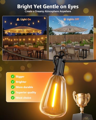 Brightown 100FT Solar String Lights Outdoor Waterproof with Remote, 31+2 LED Shatterproof Bulbs, Dimmable & Timable, 3 Lig...