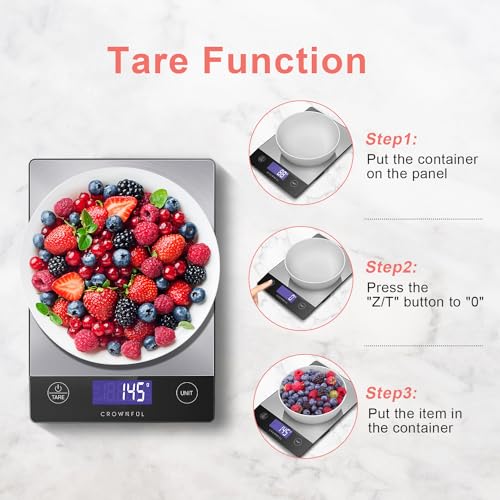 CROWNFUL Food Scale, 33lb Rechargeable 304 Stainless Steel Digital Kitchen Scale Weight Grams and Ounces with LCD Display ...