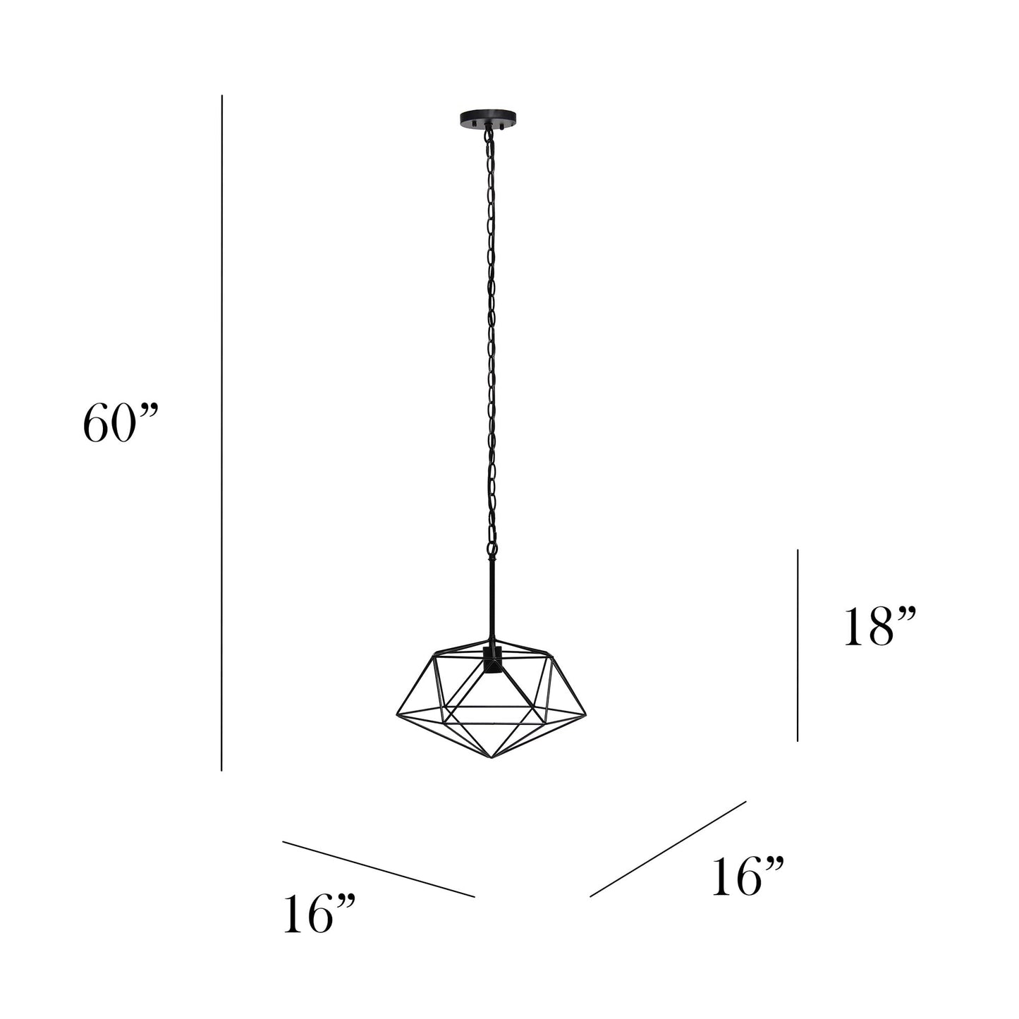 Elegant Designs PT1011-BLK 16in Geometric Diamond Pendant Light Fixture, Black, Iron, Industrial Metal Wire Cage