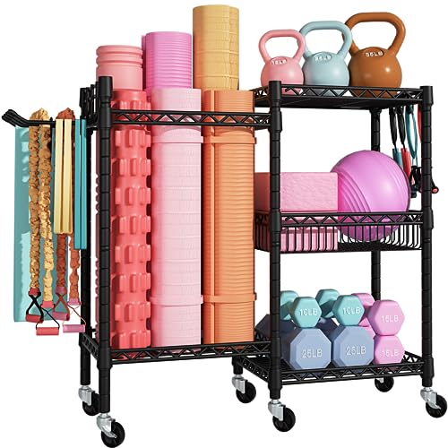 FUTASSI Home Gym Storage, 3 Tiers Workout Equipment Organizer with Wheels for Yoga Mats, Foam Roller, Dumbbells, Kettlebel...
