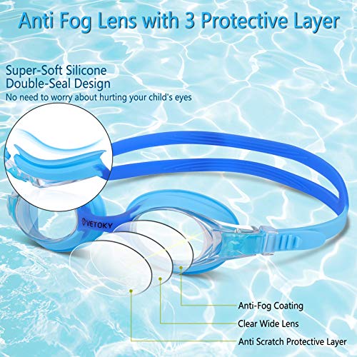 VETOKY Kids Swim Goggles, Pack of 2 Anti Fog Swimming Goggles UV Protection Clear No Leaking for Child and Youth Ages 3-12