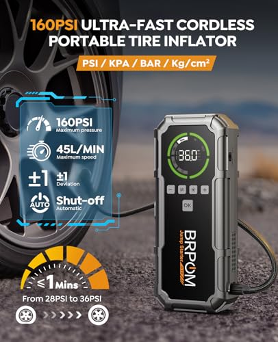 Jump Starter with Air Compressor, BRPOM 8000A Portable Car Jump Starter (All Petrol/12L Diesel), 160PSI 12V Battery Jump S...