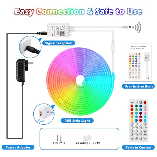L8star 16.4ft RGB LED Neon Rope Light with Remote Control, Smart Color Changing DIY Mode Neon Flex Strip Lights for Bedroo...
