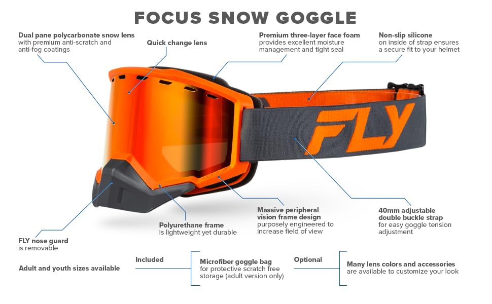 Fly Racing Focus Snow Goggle – Dual Pane Anti-Fog Ski & Snowboard Goggles for Snowmobile