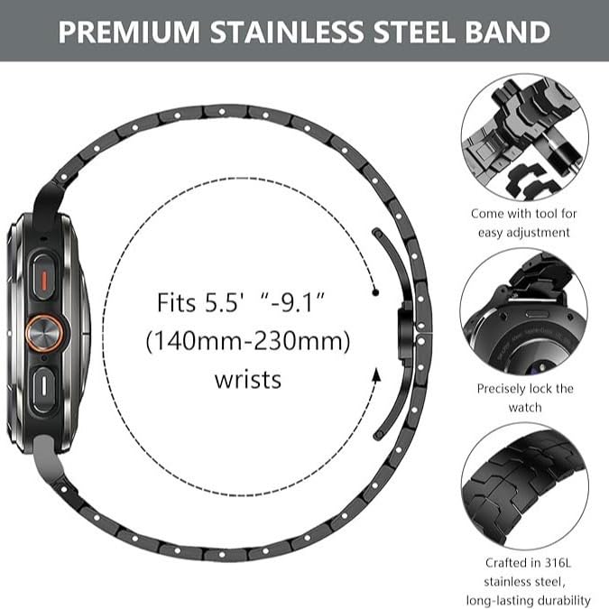 WONJOY Compatible with Samsung Galaxy Watch Ultra Band 47mm(2025/2024), Robust Men Stainless Steel Replacement Link Metal Bracelet (Black&Orange)