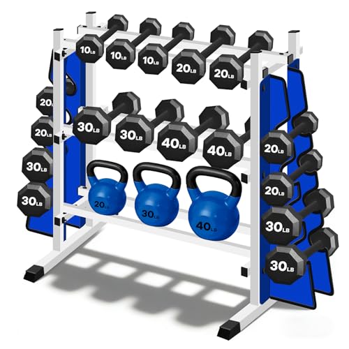 Adjustable Dumbbell Rack, 3-Tier Holder with Double Side Extension Fit Different Weight Dumbbells & Kettlebells, Heavy-Dut...