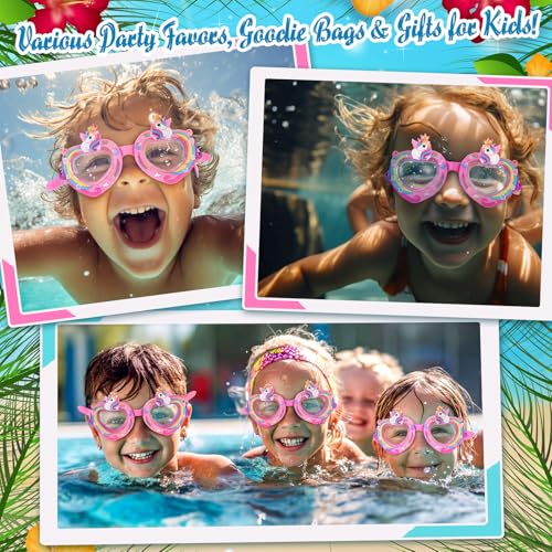 Kingdder 3 Set Unicorn Swim Goggles for Girls Aged 4-12 Swim Goggles with Stickers and Pink Cases, Anti-fog, UV Protectio...