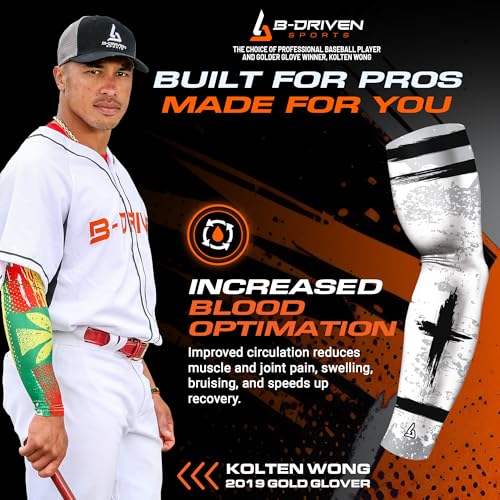B-Driven Sports Pro-Fit Compression Arm Sleeve for Baseball, Football and Athletic - For Men, Women, Youth, Kids - 42 Colors