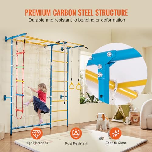 VEVOR Indoor Jungle Gym for Toddlers, 7-in-1 Climbing Playset with Carbon Steel Swedish Ladder, Wall Ladder, Pull-Up Bar, ...